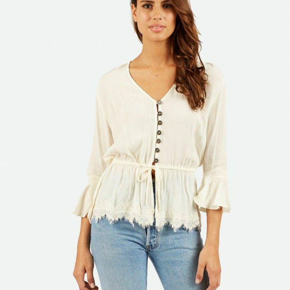 Cleobella Cream Button-Front Lace Trim Peasant Blouse